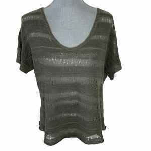 Eileen Fisher Open Knit Sweater Size Medium‎ Green Linen Short Sleeve V-neck